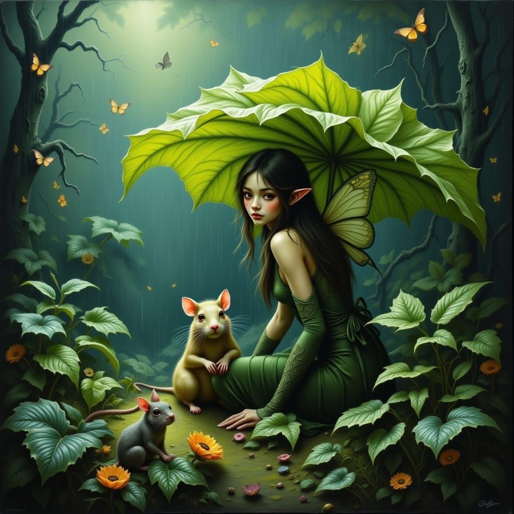 Fairy and Rat Guardian in Rainy Scene