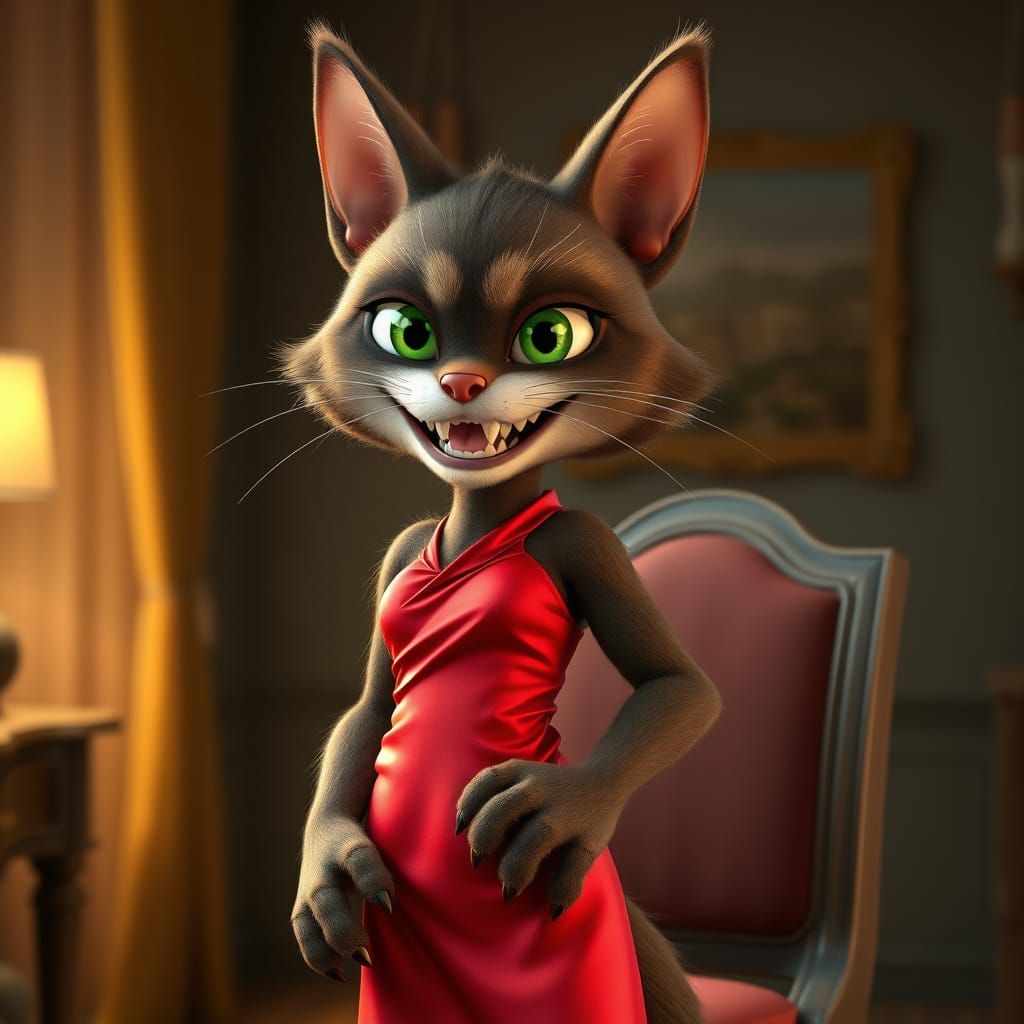 Alluring Feline Siren in Crimson Silk