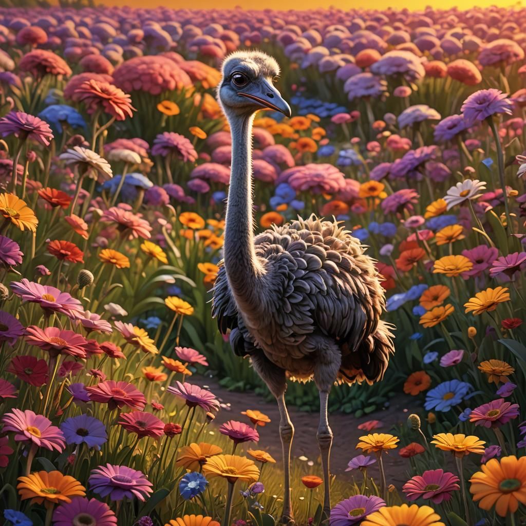Ostrich in Flower Field at Sunrise: Pixar-Style Art