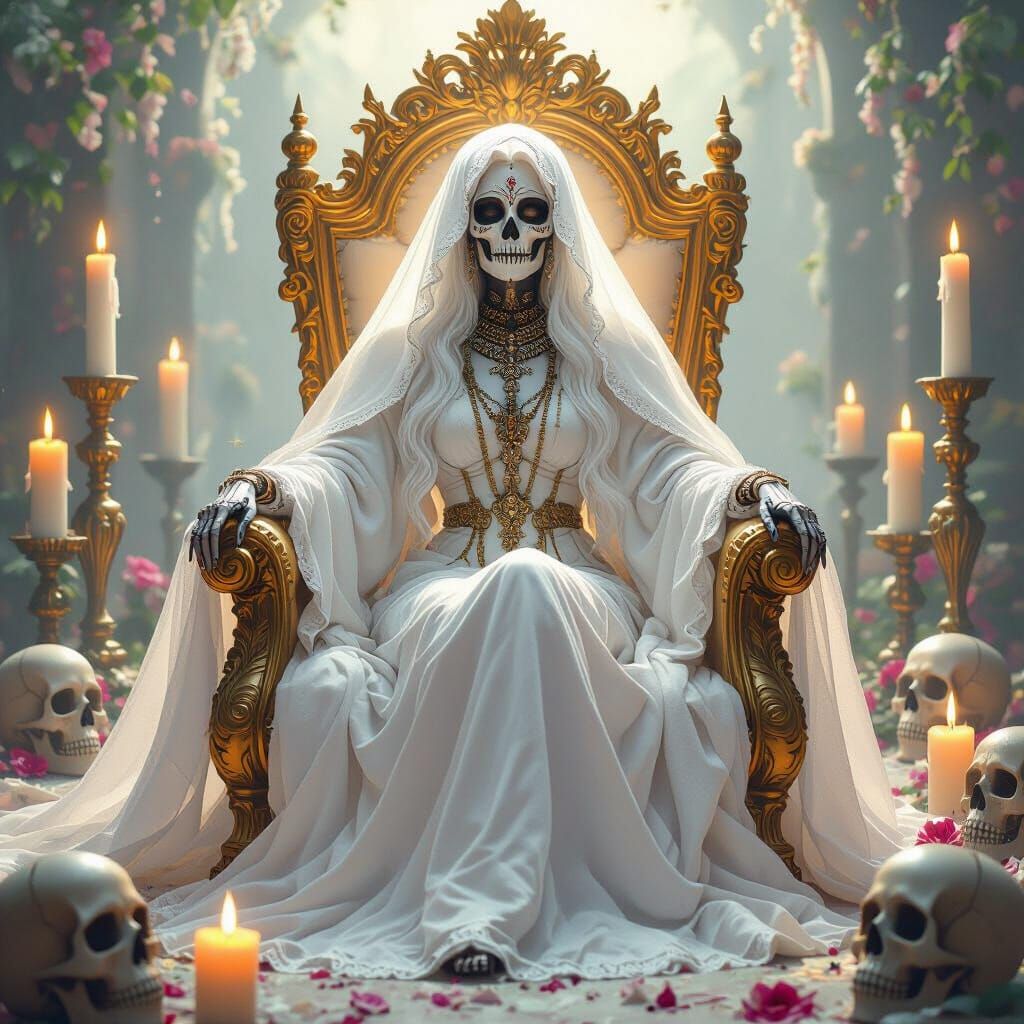 Santa Muerte on Golden Throne in Ethereal Style