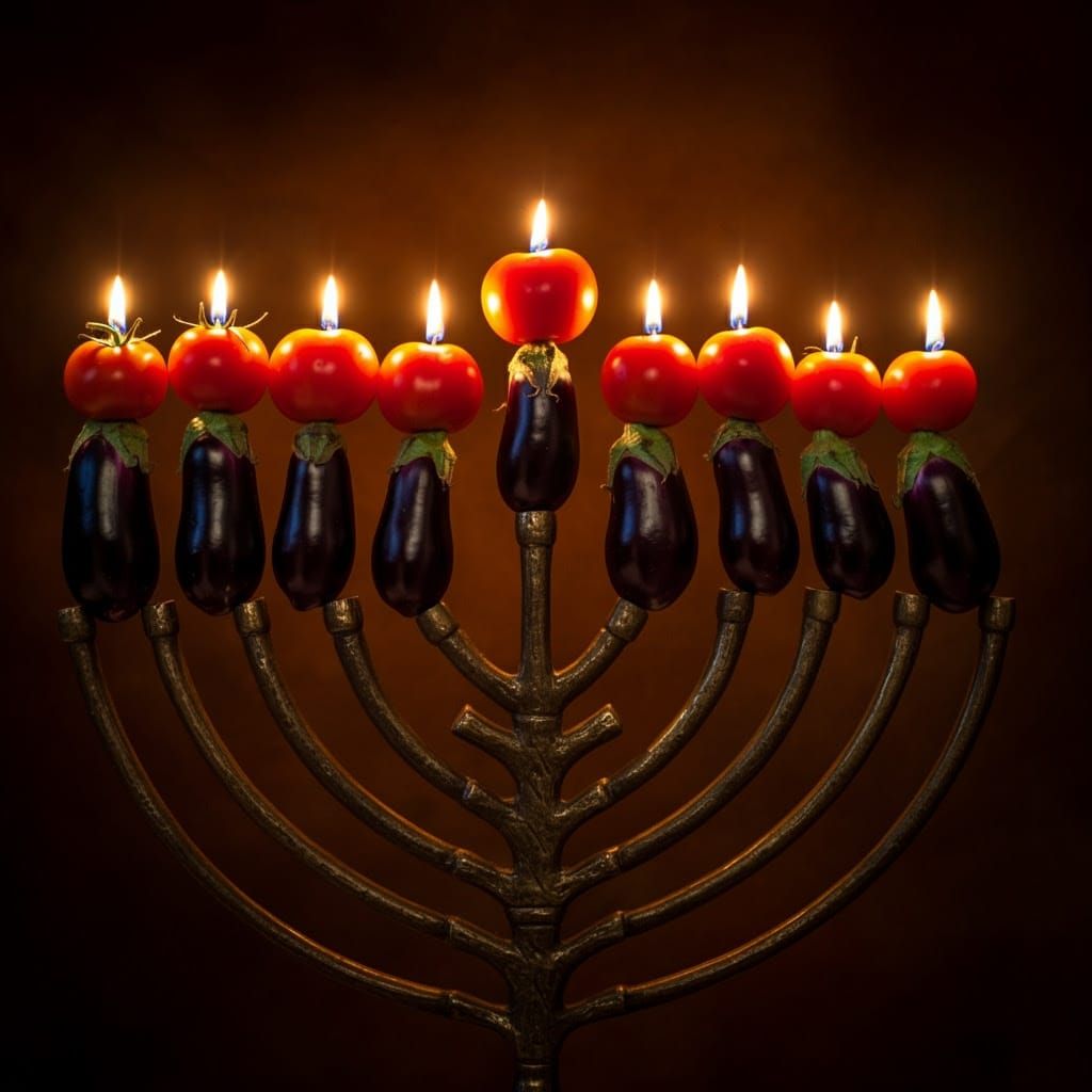 Vibrant Hanukkah Menorah with Eggplant and Tomato Reeds in W...