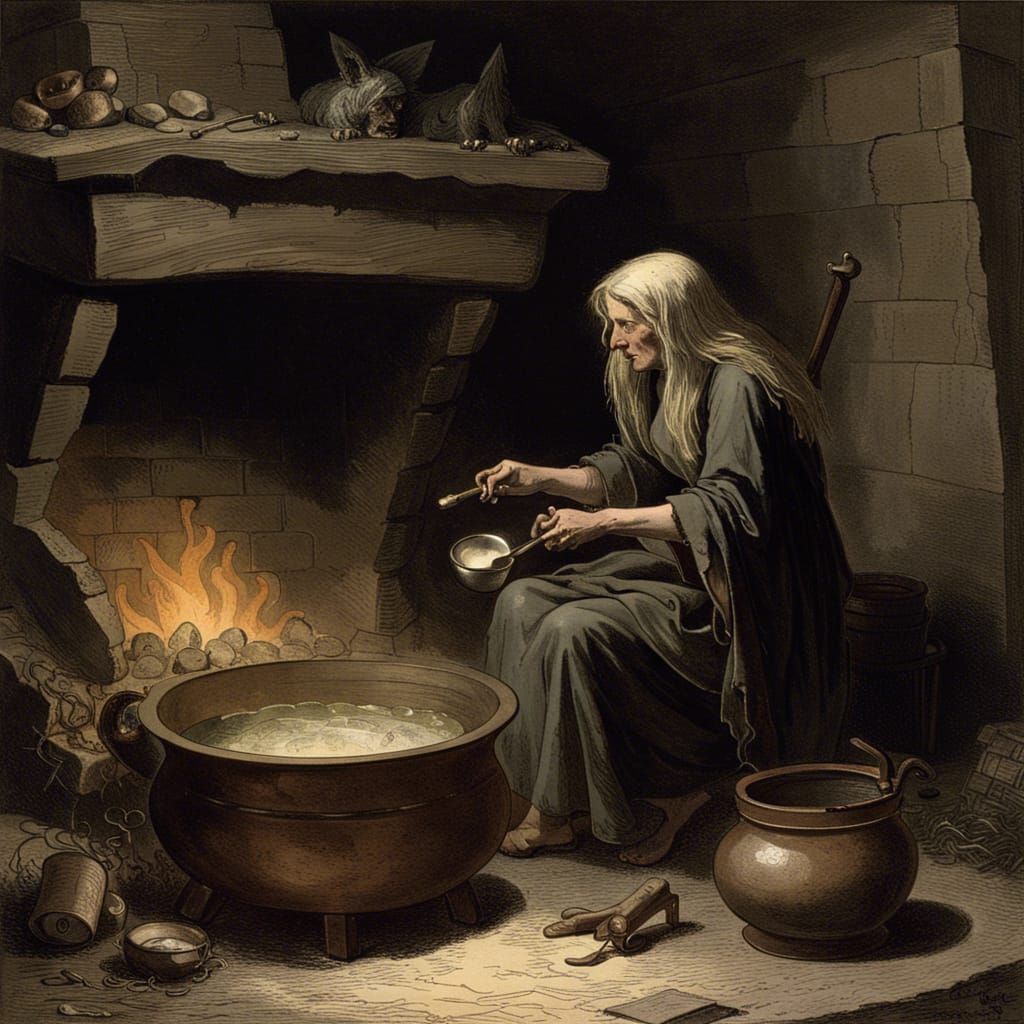 Witch Brewing Potions in Cauldron: Horror Illustration