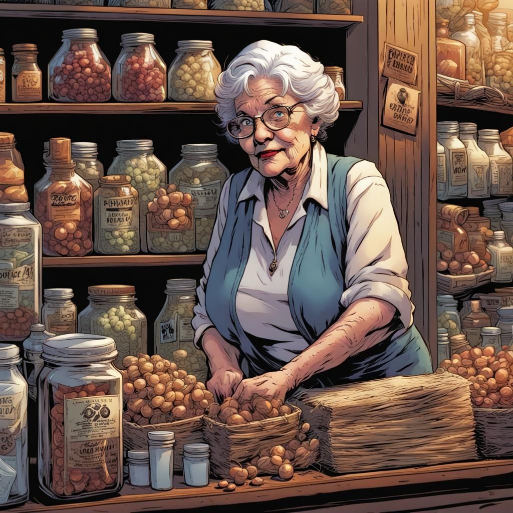 Elderly Woman in Small Town: Comic Book Art