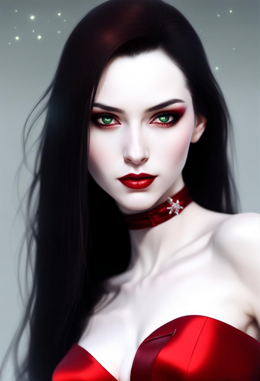 Eurasian Vampire Woman in Red Dress at Night