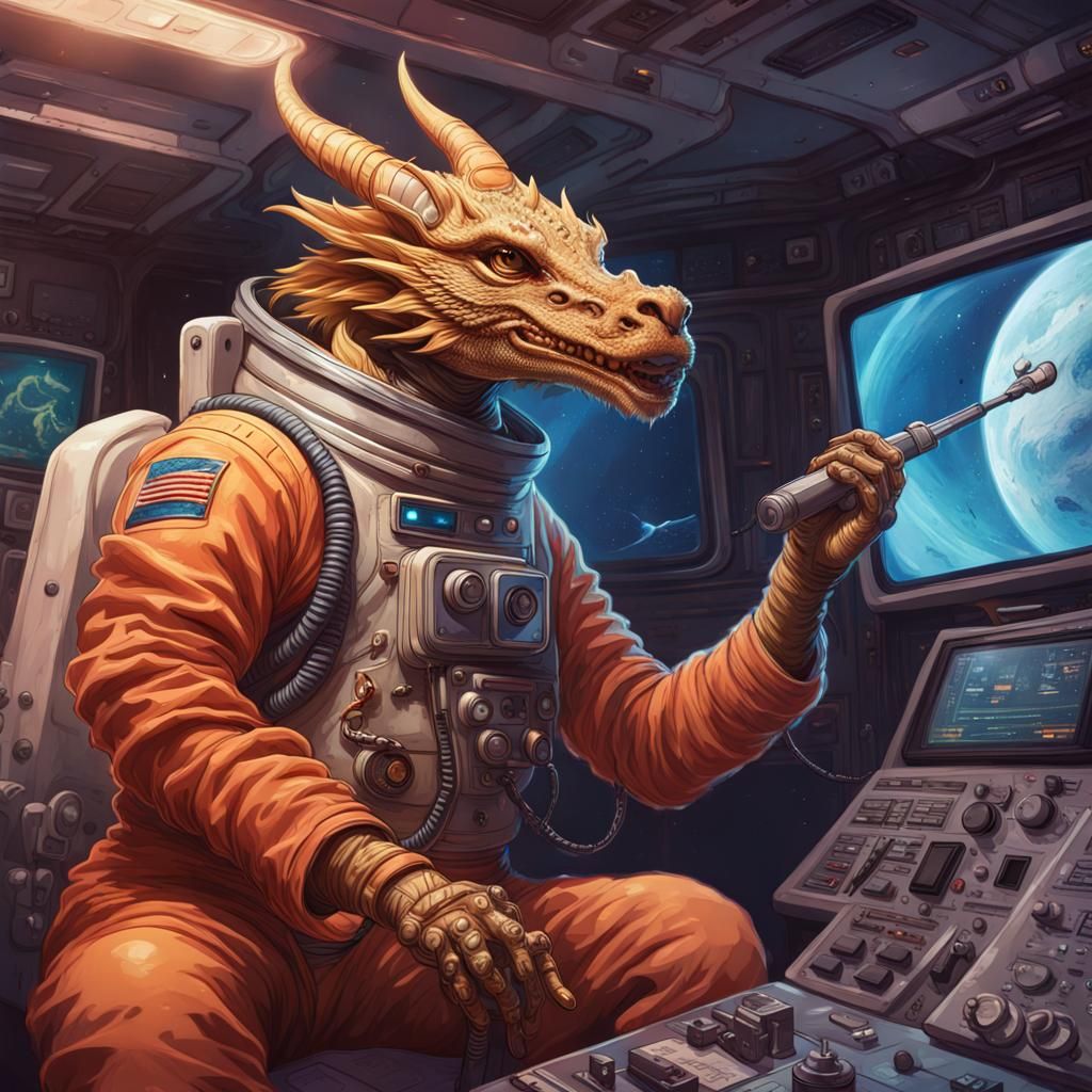 Dragon Plays Guitar on Spaceship in Hyperrealism