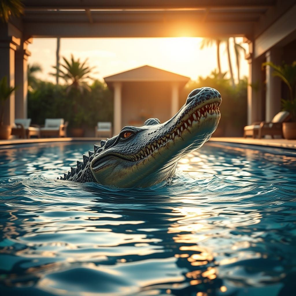 Saltwater Crocodile Rises from Luxurious Swimming Pool