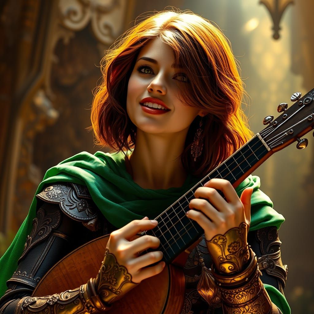 Golden Fantasy Bard in Elegant Armor Plays Lute