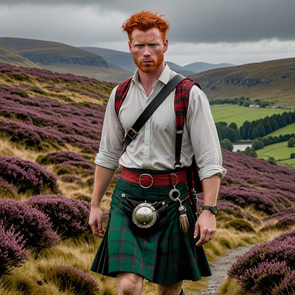 A hot Scottish redheaded man in the heather, wearing a red-and-black-and-green kilt.