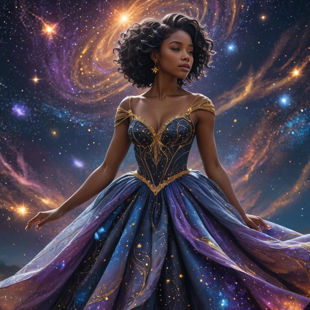 Celestial Woman in Starry Gown: Fantasy Art