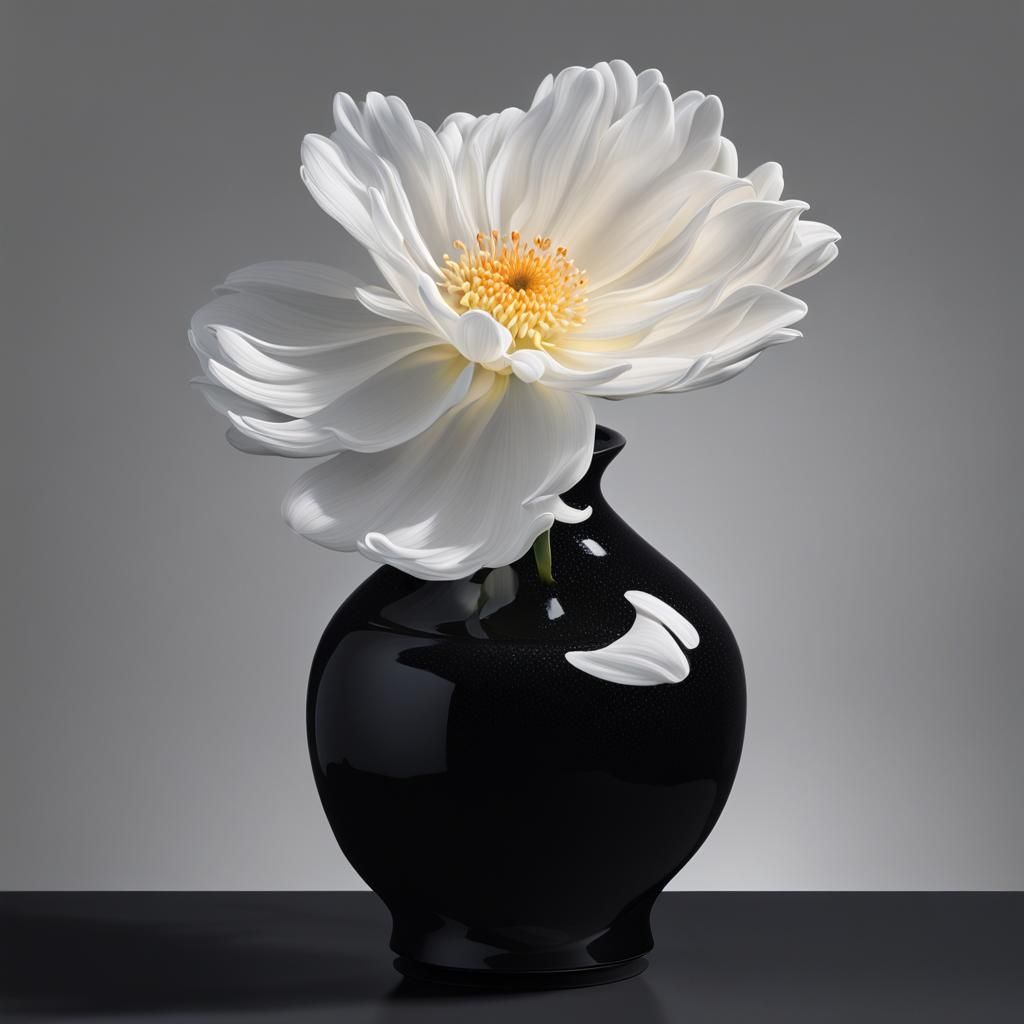 Hyperrealistic White Flower in Black Vase