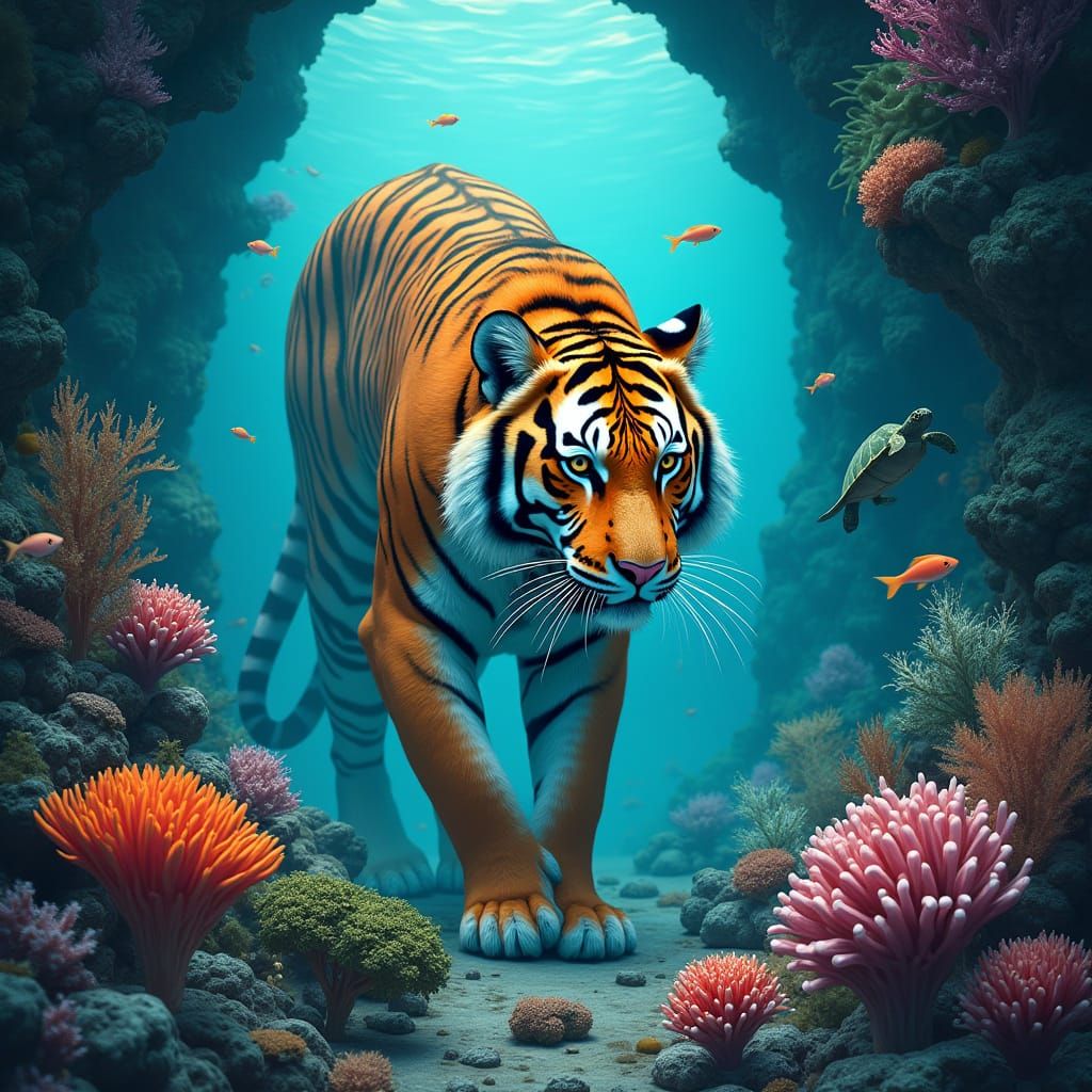 Spectral Coral Reef Tiger in Underwater Grotto