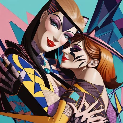 Cubist Art Deco Woman Hugging Cat