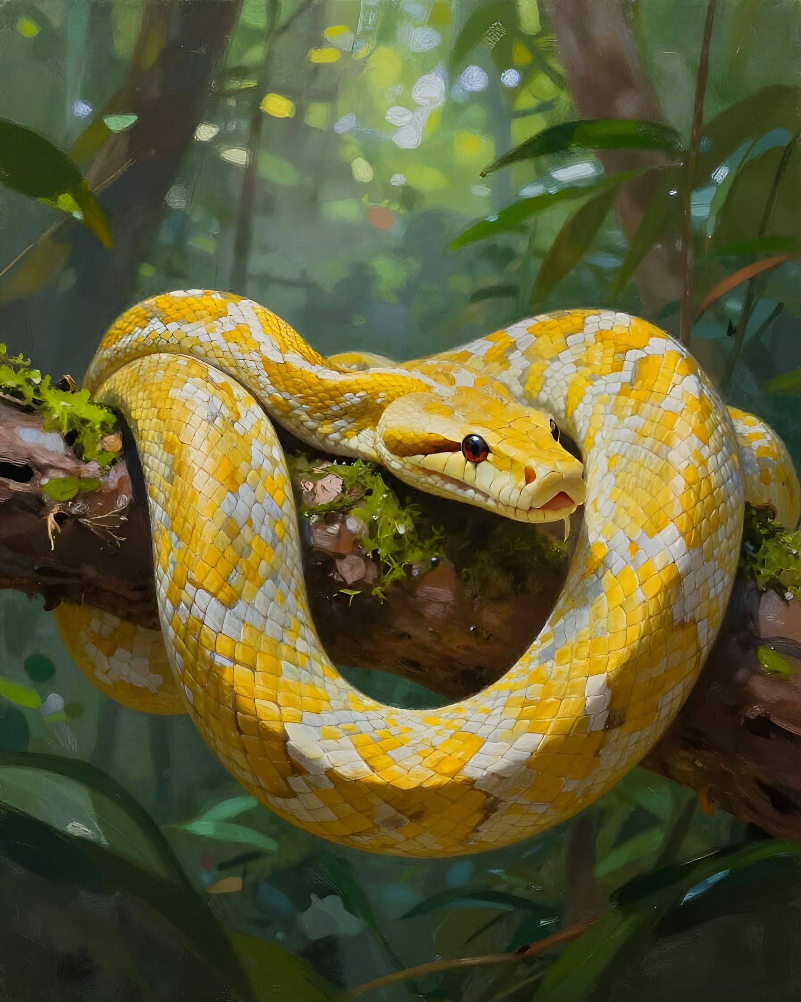 Vibrant Boa Constrictor Coiled on Tree Limb in Misty Jungle