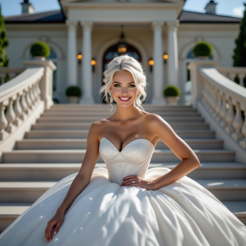 Elegant Woman in Ball Gown Poses at Mansion