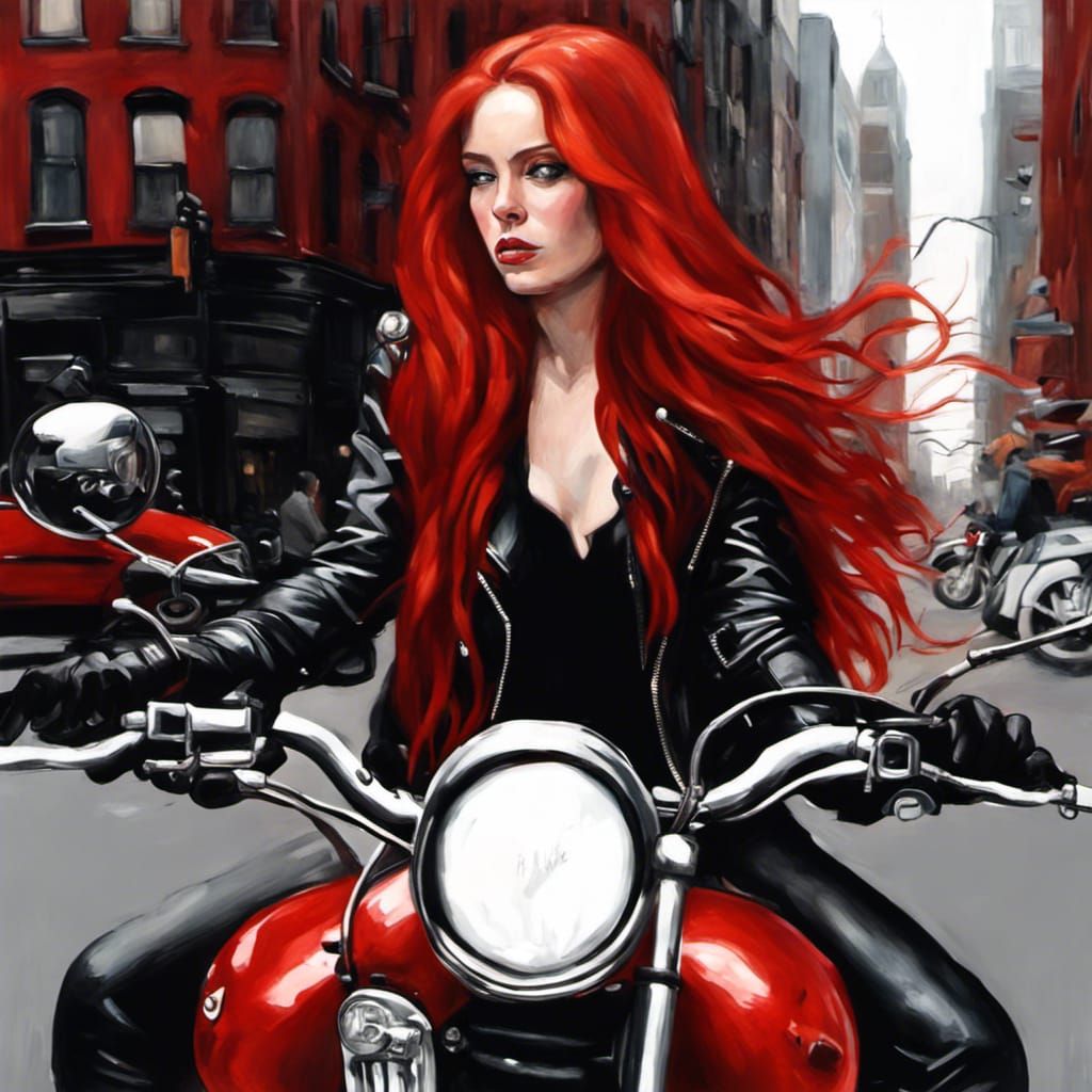 Red Haired Woman on Red Motorcycle, Gothic Style
