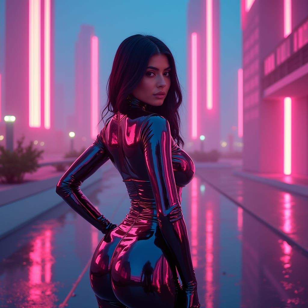 Cyberpunk Fashion Goddess in Neon Latex Bodysuit