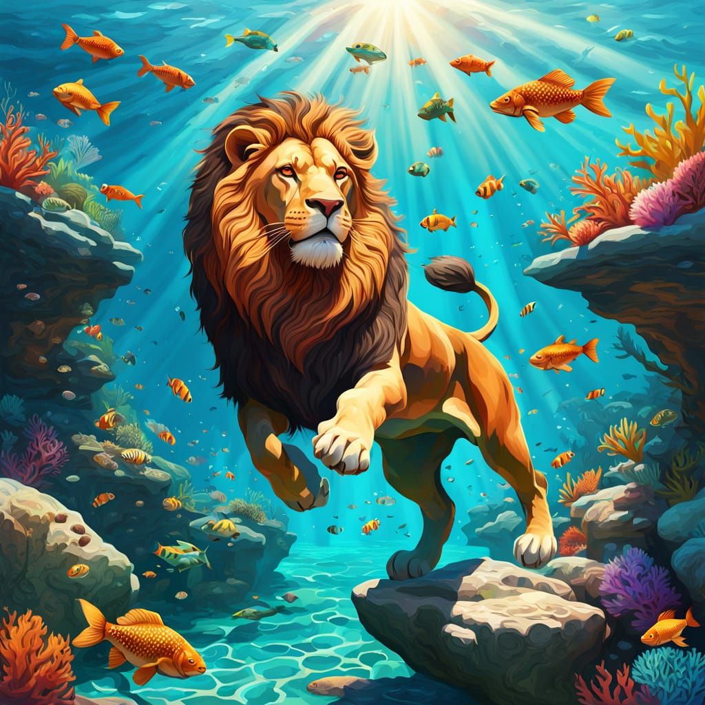 Stone Lion Leaps Through Turquoise Ocean