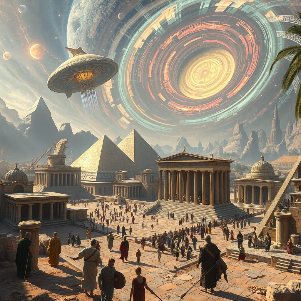 Futuristic Ancient Athens with Pyramids and Nebulae