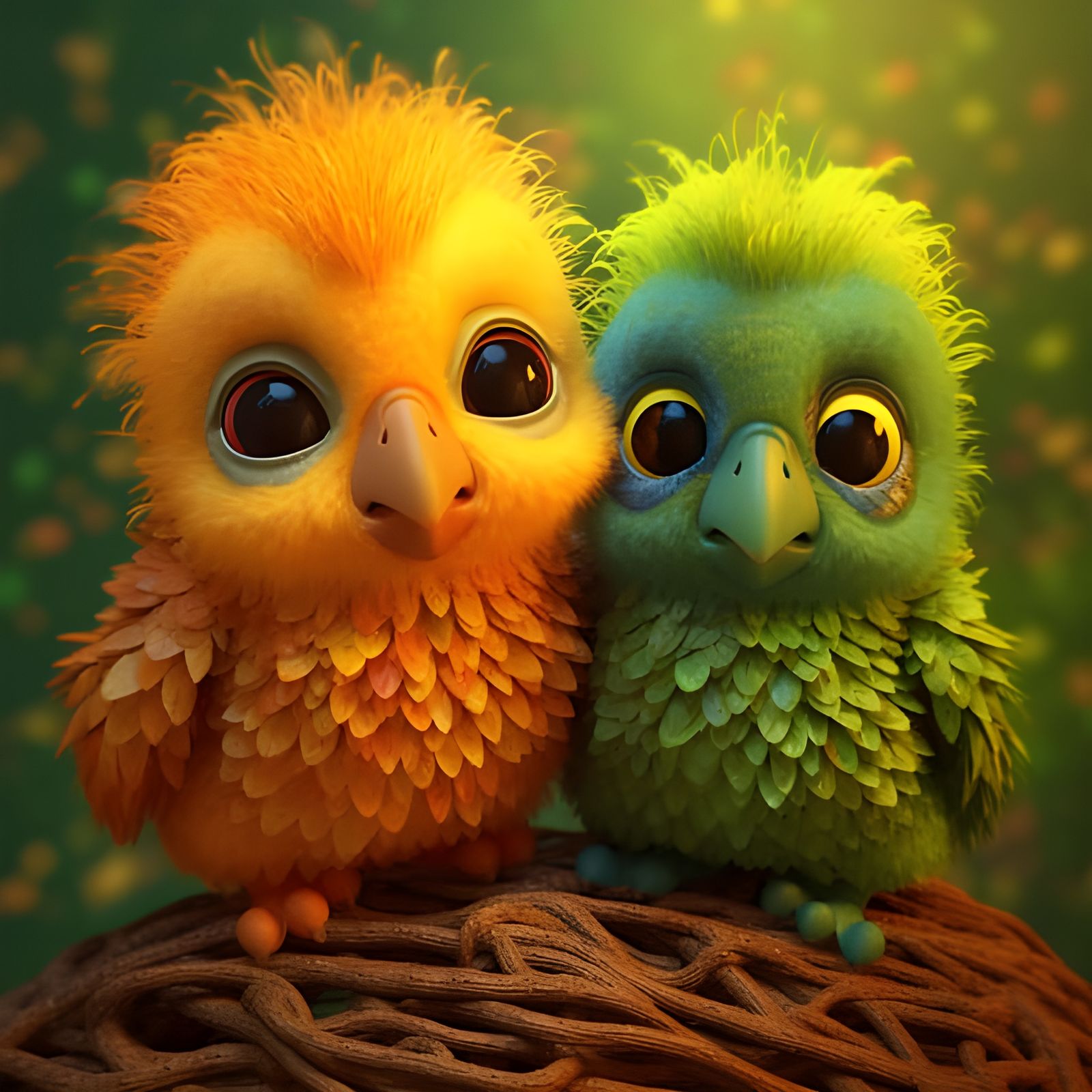 Cute Knitted Yarn Parrots on Branch in Chibi Style
