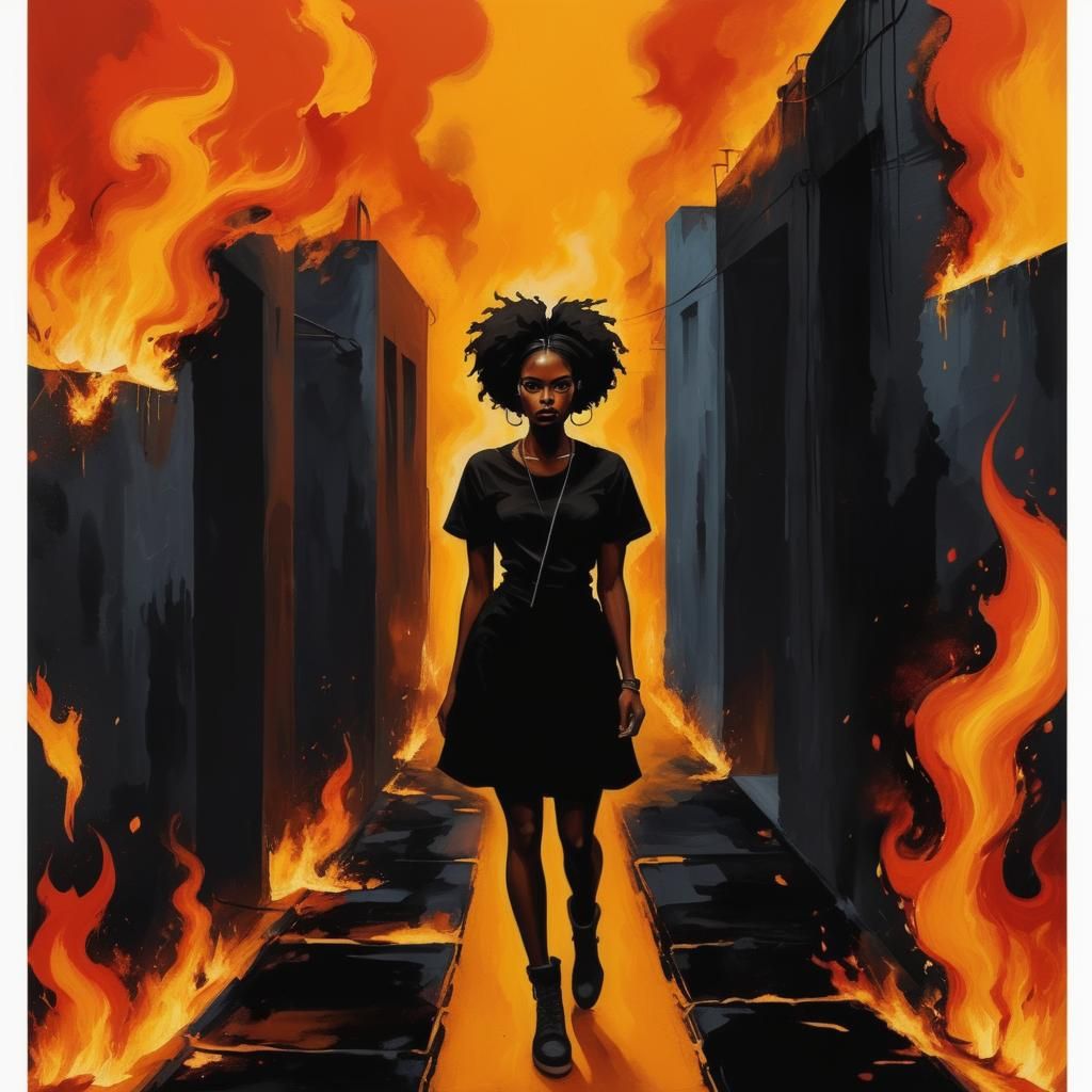 Powerful Image of Woman Against Burning Alley