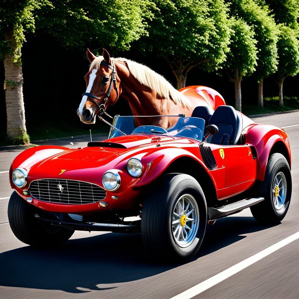 Horse in Ferrari Car: An AI Generated Image