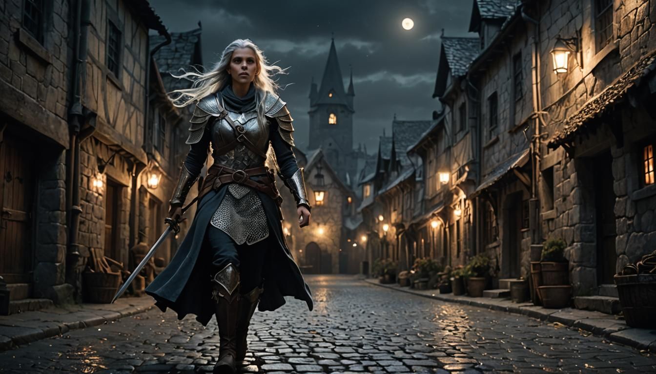 High Elf Warrior Running Through Village at Night