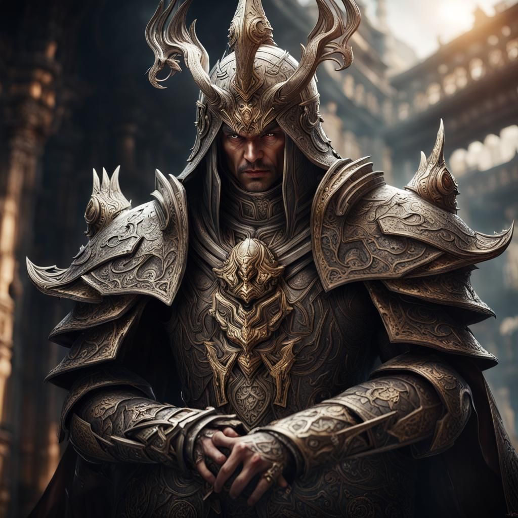 a fantasy armored priest of the god of fear : by Stephen Zhang: intricate details, HDR, beautifully shot, hyperrealistic...
