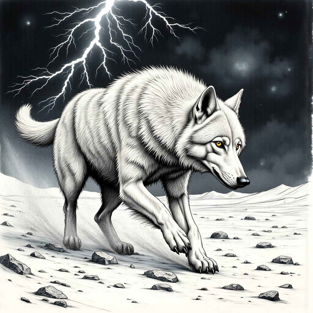 Arctic Wolf Runs Through Tundra in Pen and Ink