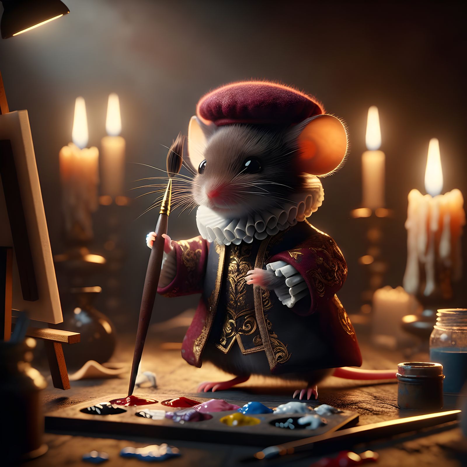 Renaissance Mouse Painter in Elegant 8K Hyperrealism