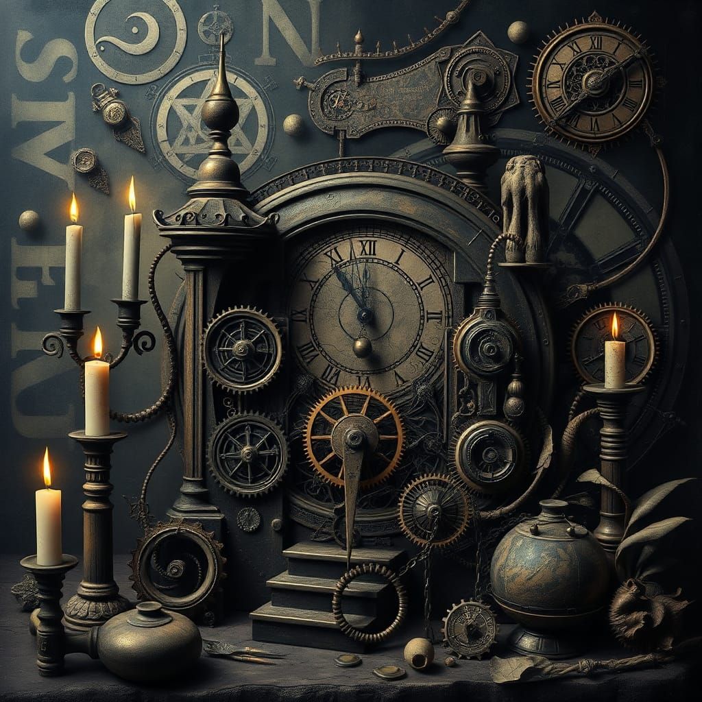 Dark Clockpunk Collage with Occult Artifacts in Surreal Styl...