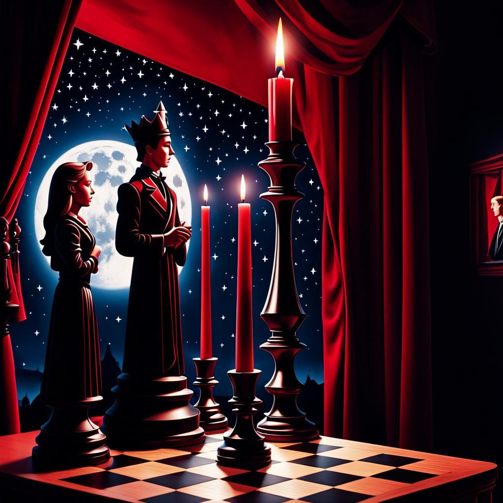 German Expressionism: Candlelit Chess Scene with Astral Elem...