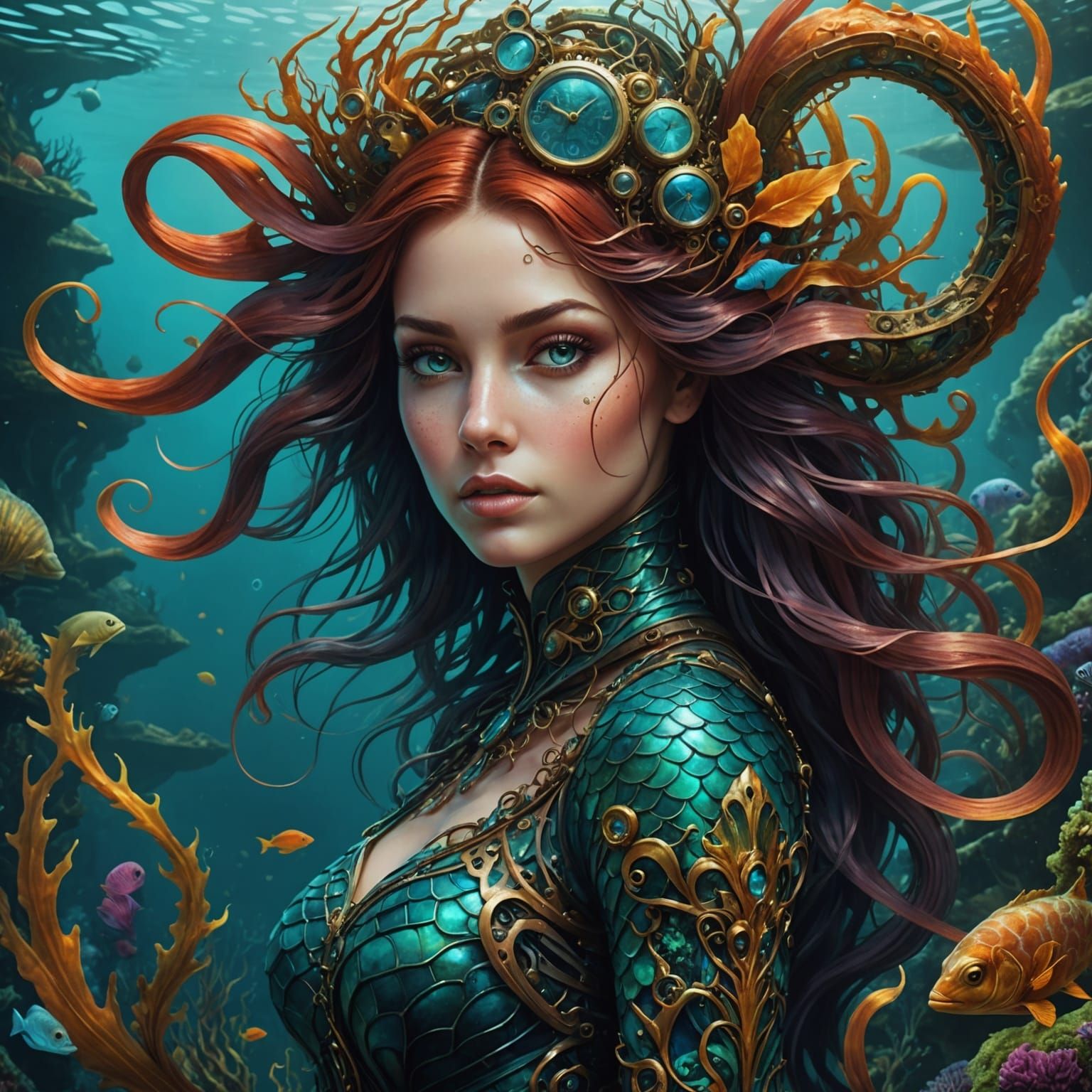 Steampunk Mermaid Underwater Portrait in 8k