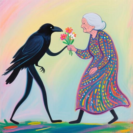 A vigorously stylized painting of a raven offering flowers t...