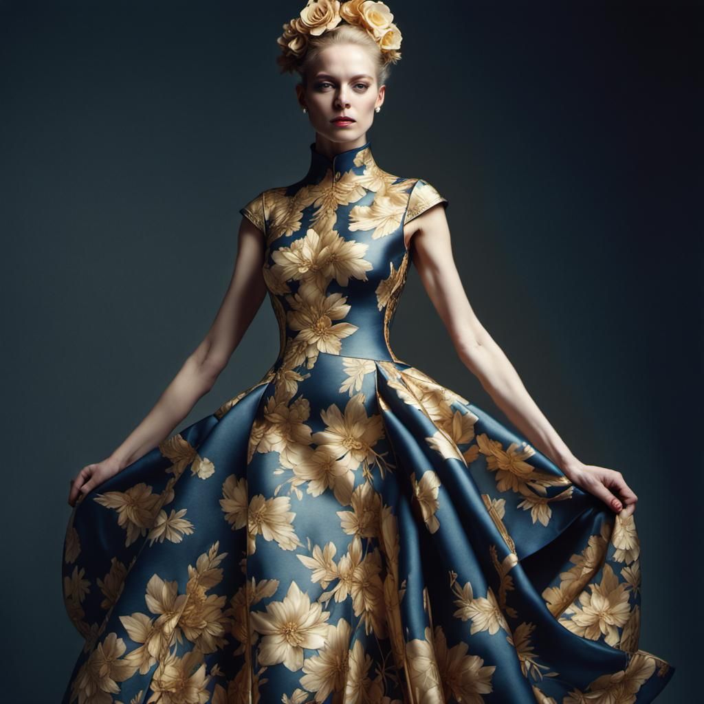 Golden Woman in Opulent Floral Dress