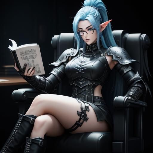 Cyberpunk Goth Girl Reading in Library, Anime Style