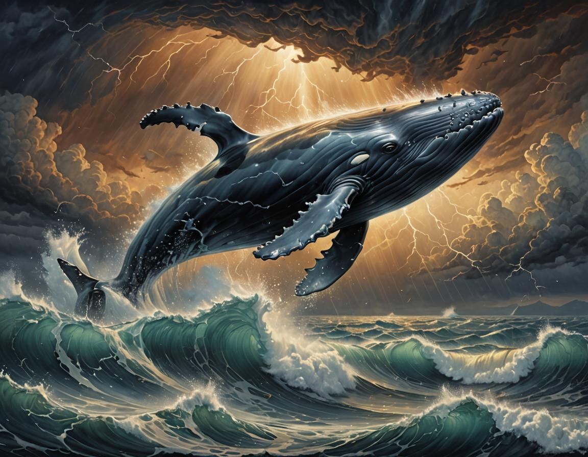 Whale Leaps from Waves in Romantic Airbrush Art