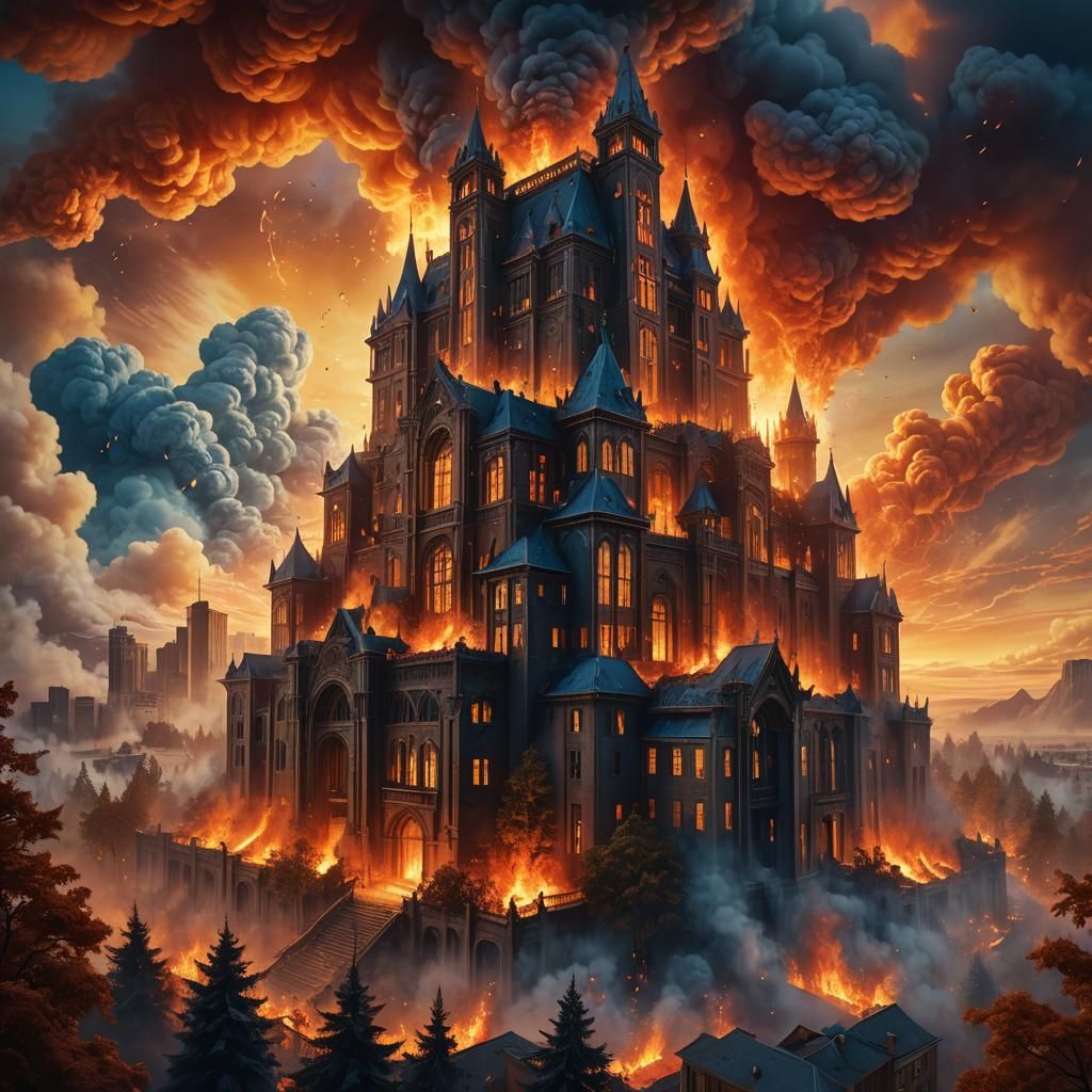 School on Fire in Mystical Forest: Matte Painting