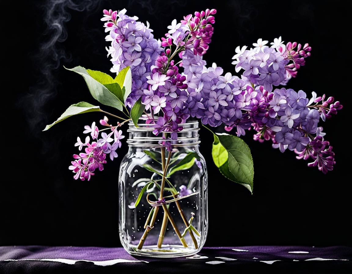 Lilac Flowers in Mason Jar, Watercolor Splash Art