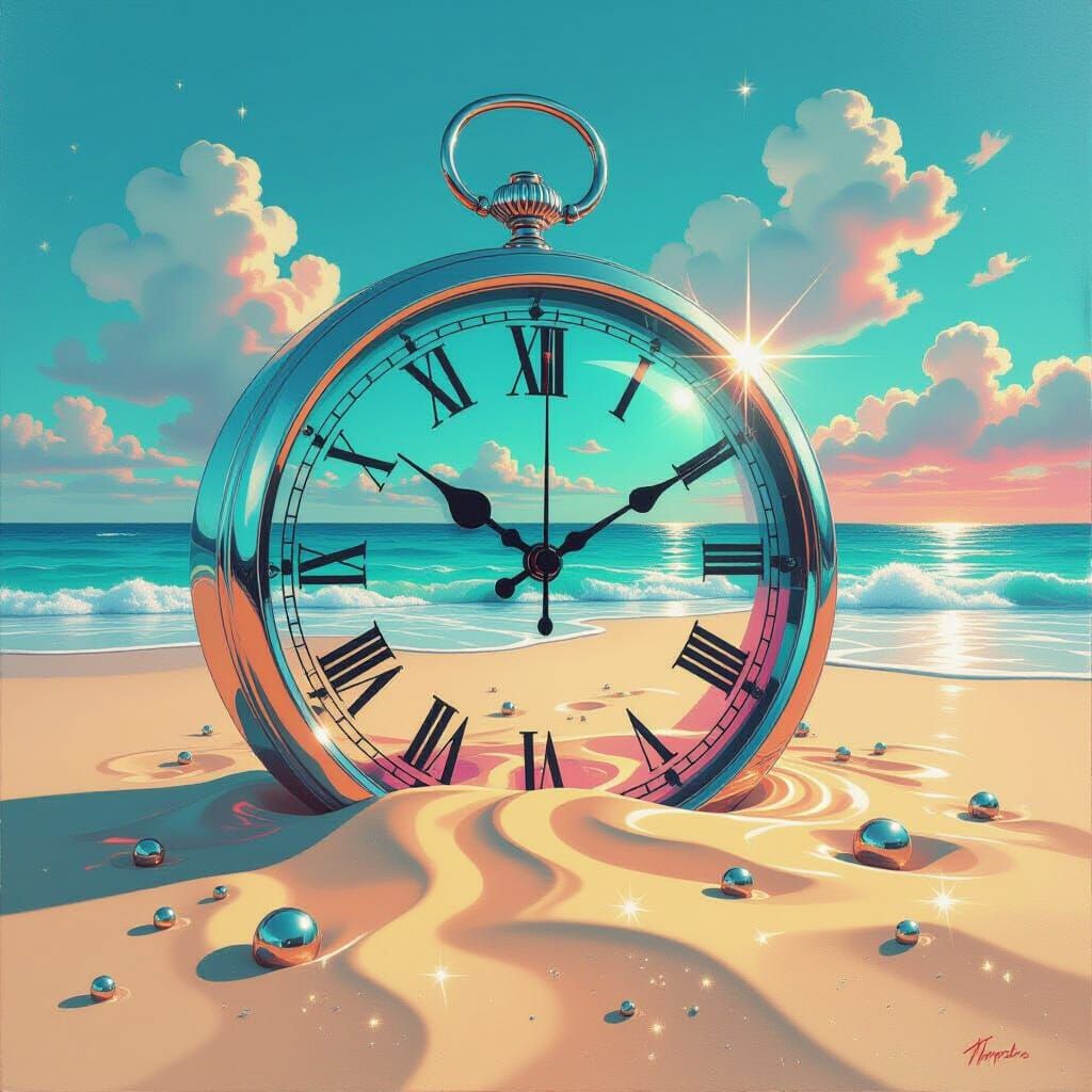 Surreal Beach with Melting Clock in Oil Painting Style