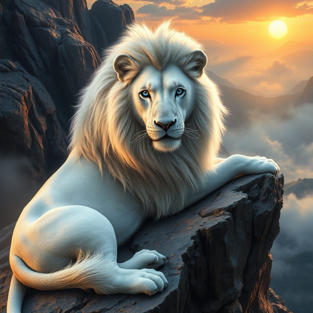 Regal White Lion on Granite Precipice in Golden Light