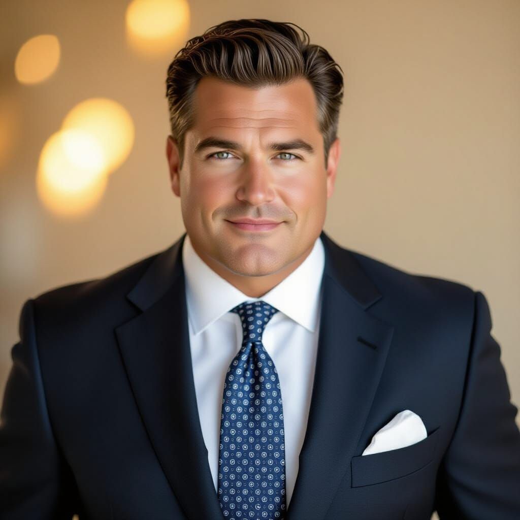 Confident Man in Navy Suit: Realistic Portrait Photography