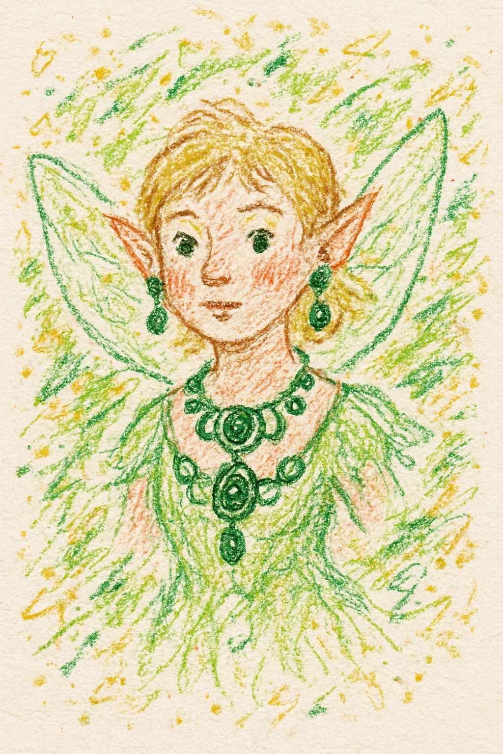 Fairy with Emeralds in Expressive Crayon Style