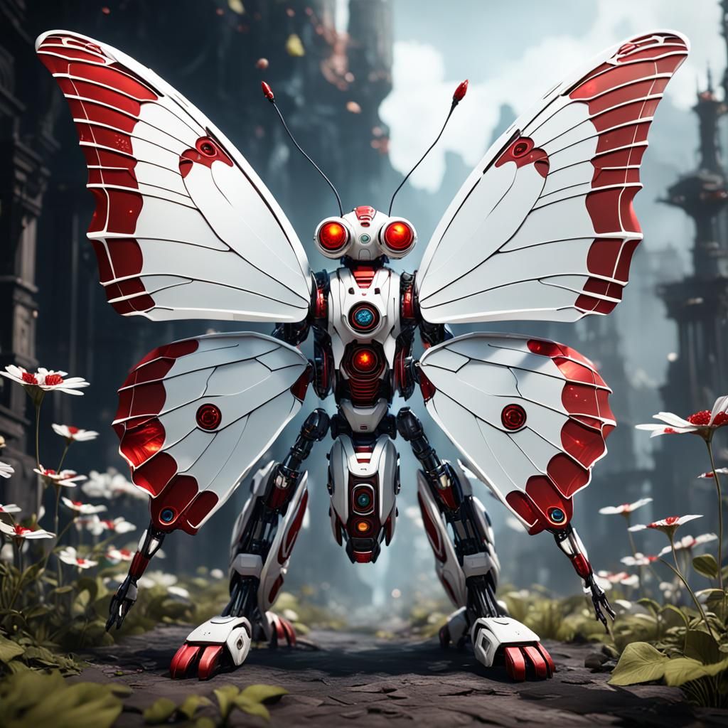 Red and White Butterfly Robot in Detailed Painting