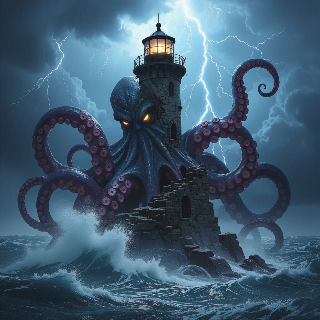 Kraken Rising from Stormy Depths in Dark Fantasy Style