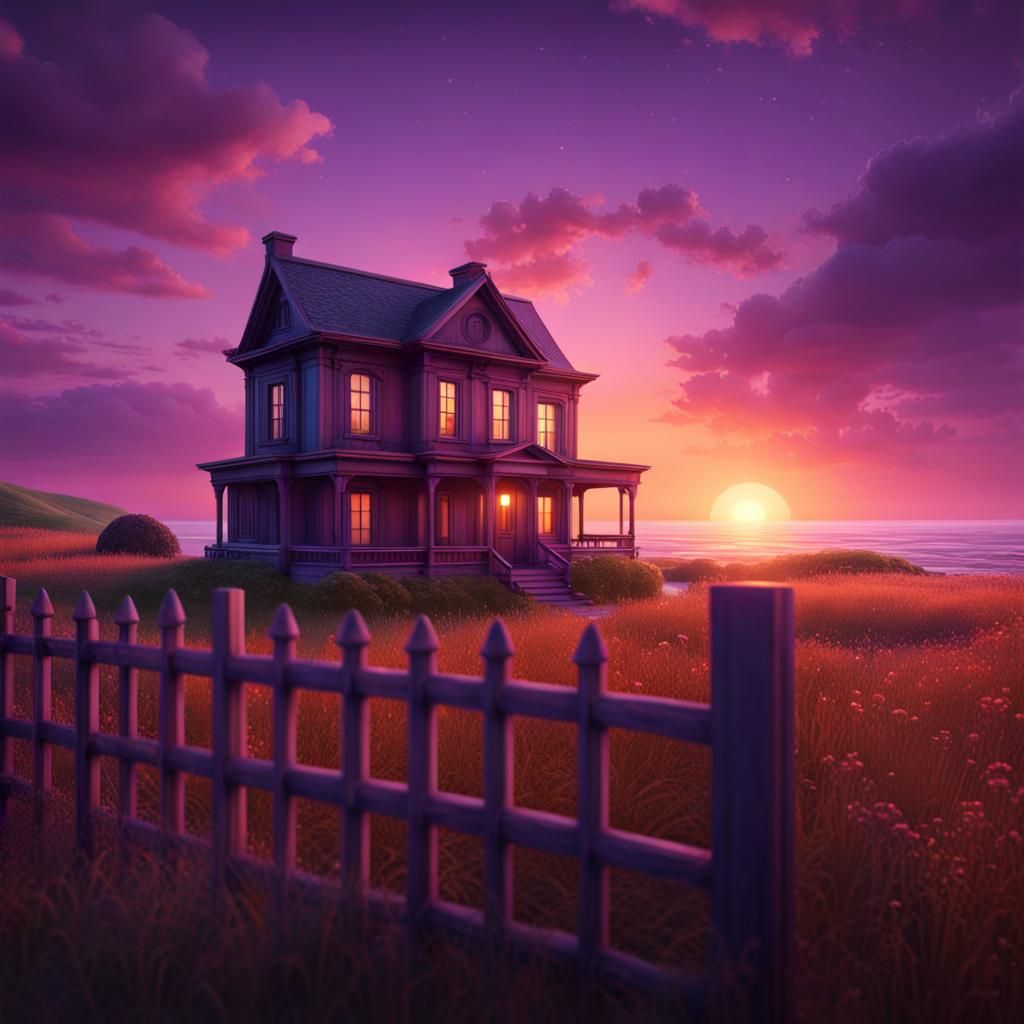 House at Purple Sunset in Space: 8K Art