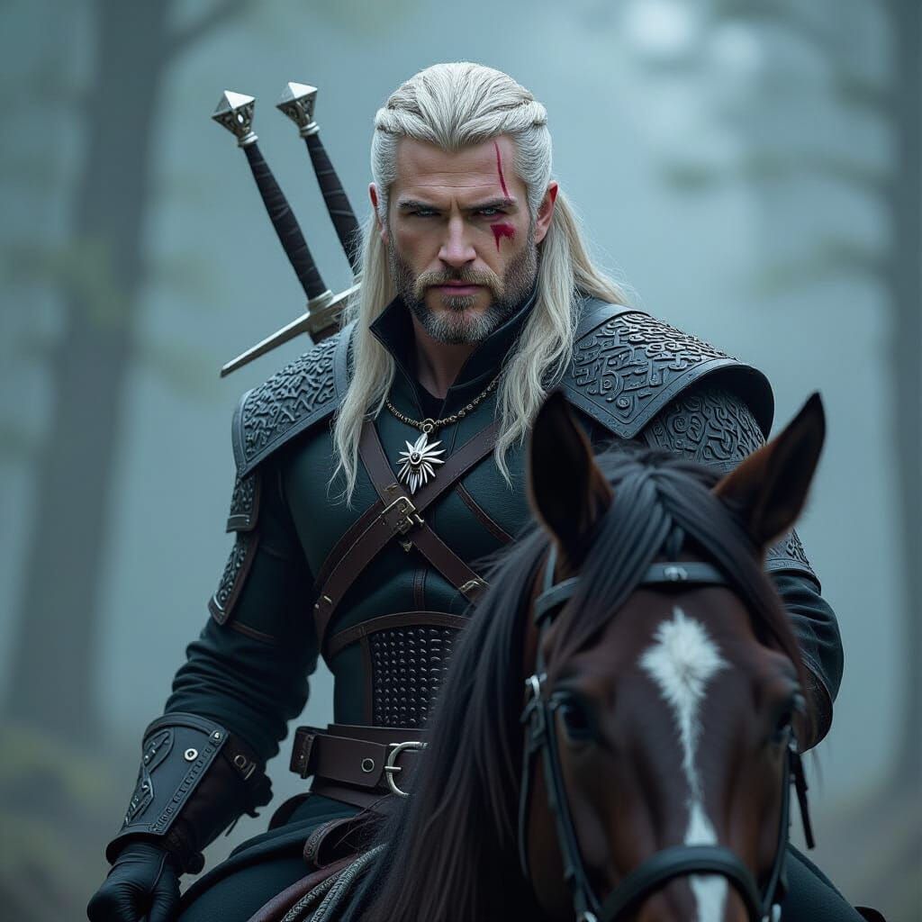 Geralt of Rivia on Roach in Dark Fantasy Style