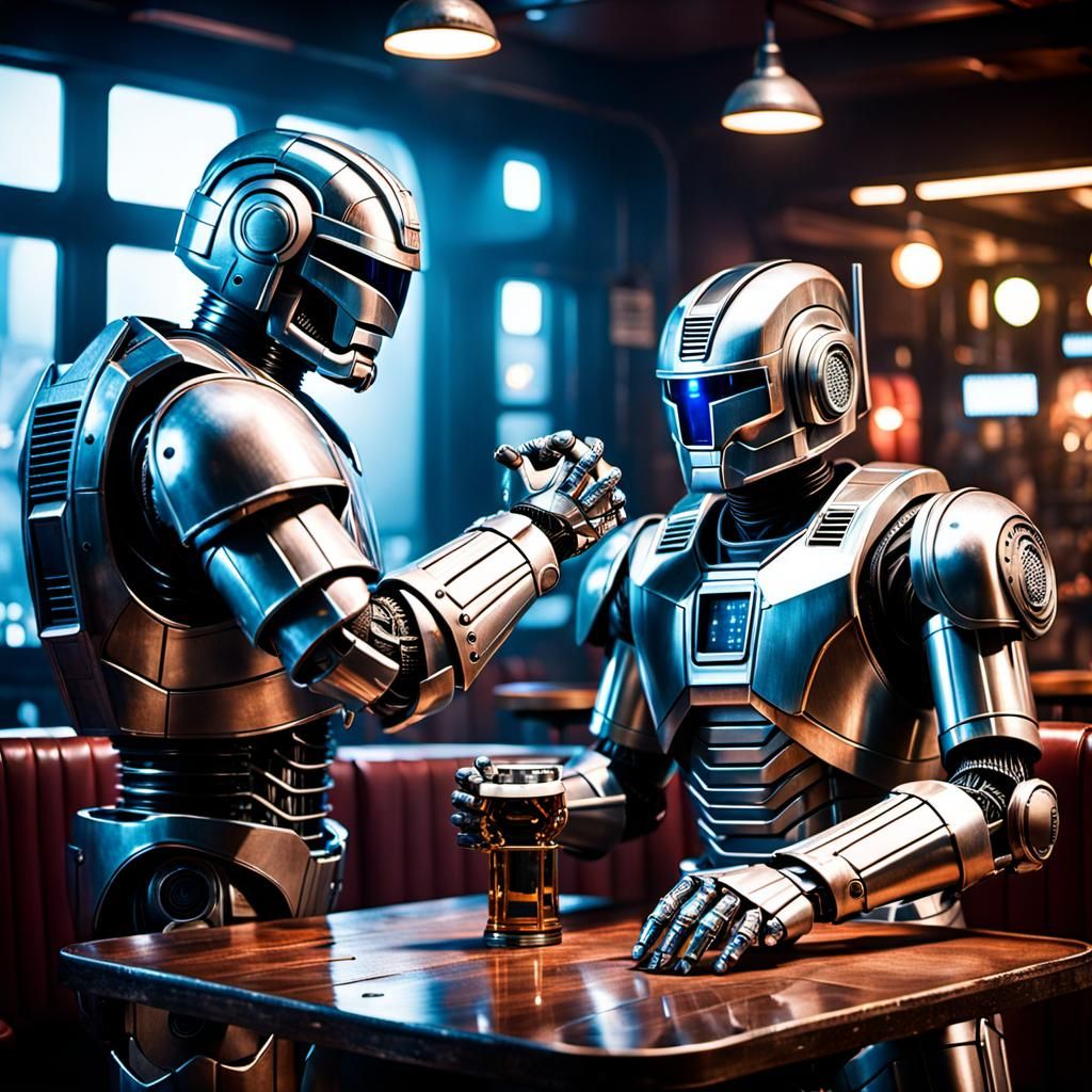 RoboCop vs Cyberman Arm Wrestle in Cyberpunk Pub