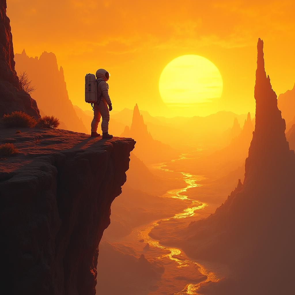 Astronaut at Sunset on Alien Planet in Matte Painting Style