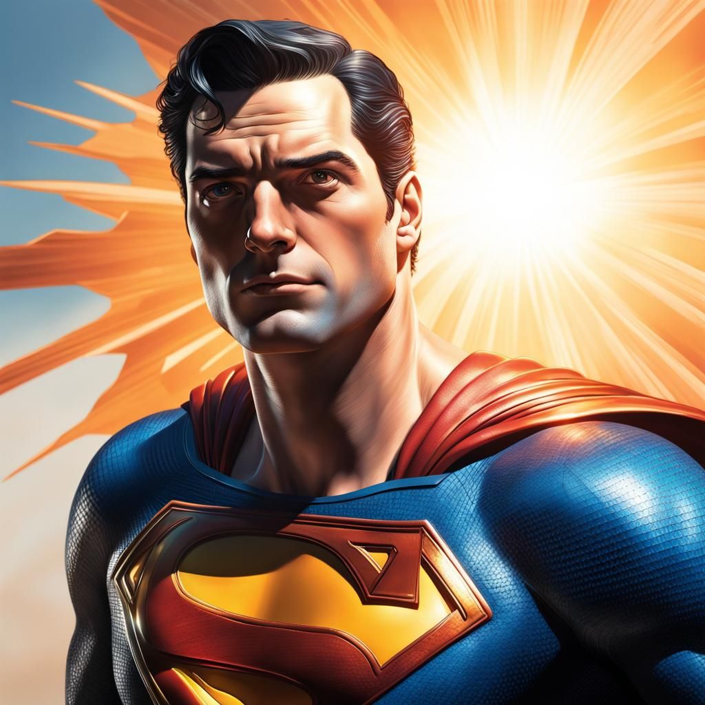 Hyperrealistic Superman Soaring Before the Sun