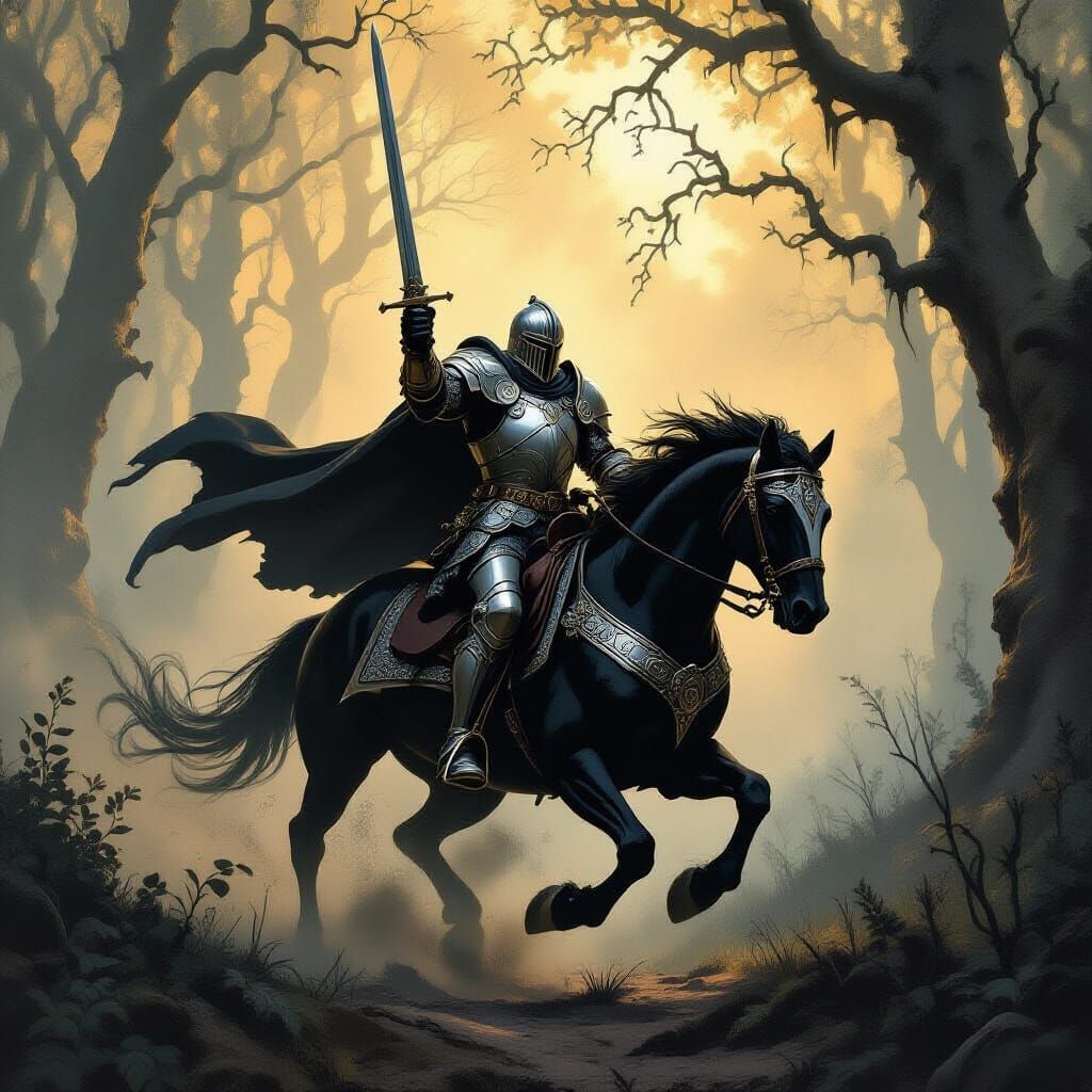 Valiant Knight Rides Through Foggy Forest